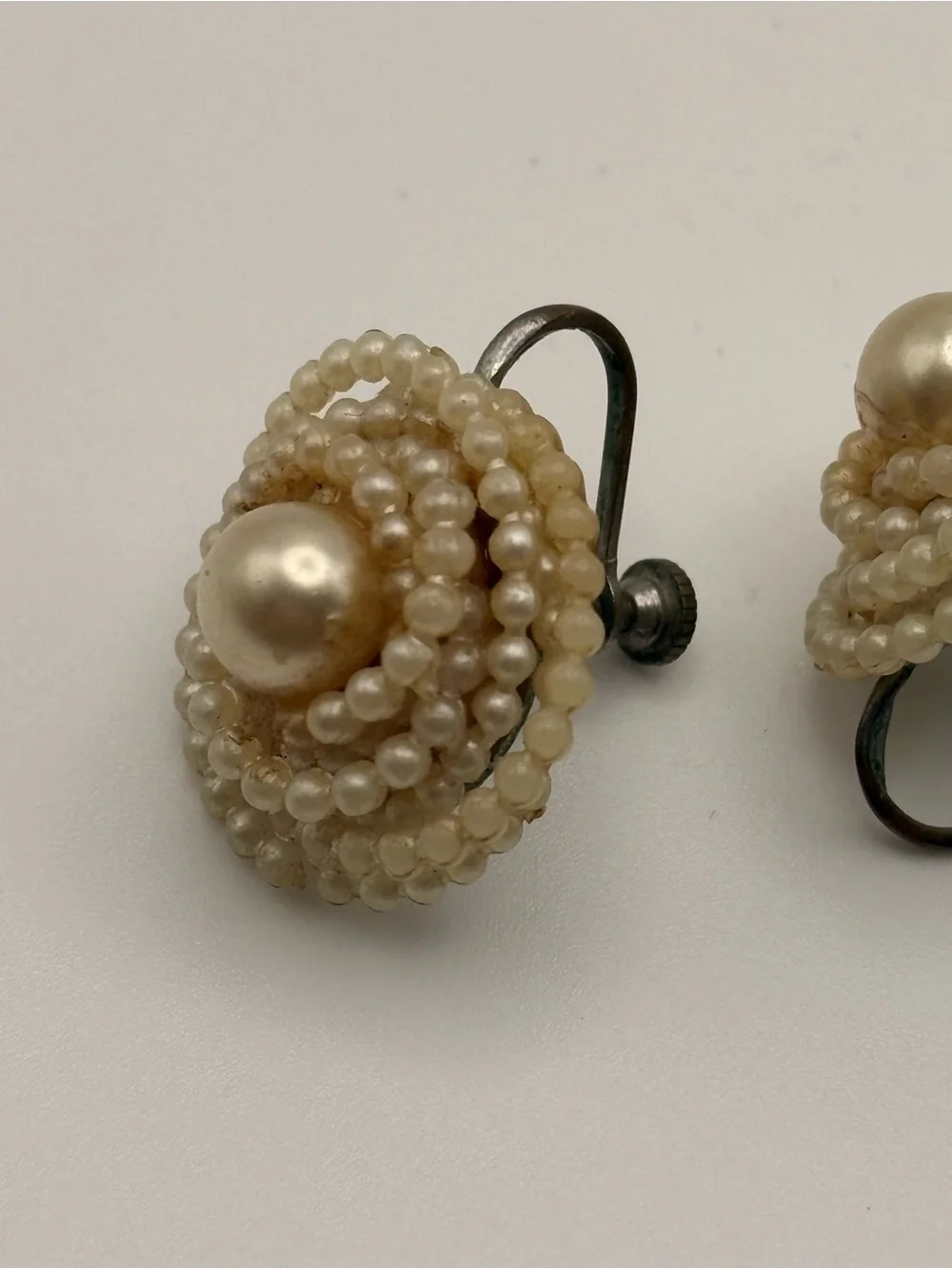 Vintage 1940s 50s Faux Seed Pearl Cluster Screw Back Earrings Bridal